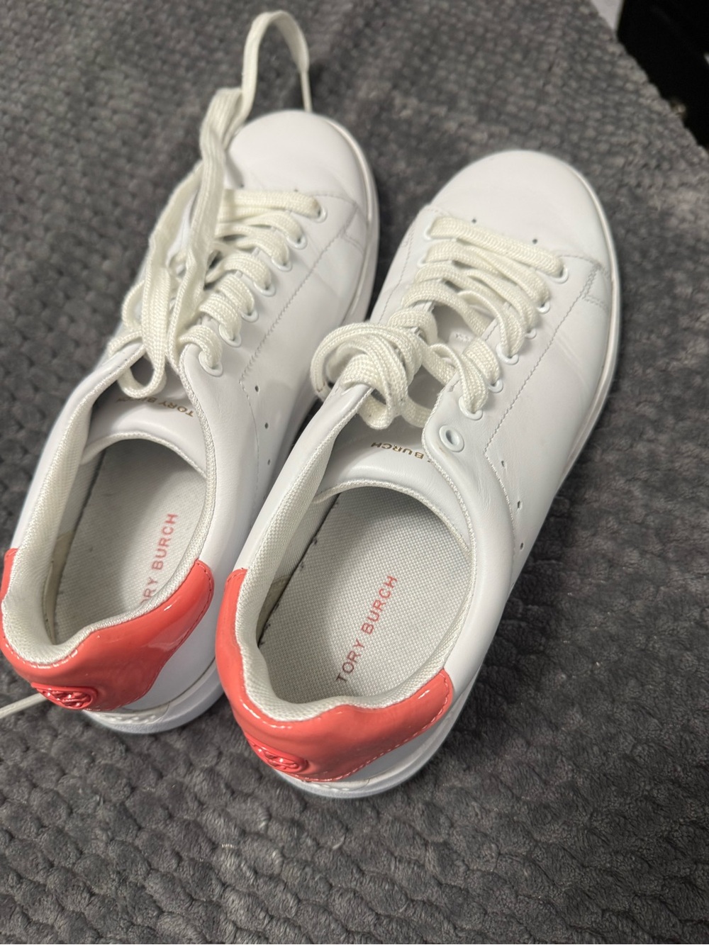 8 Tory Burch White Sneakers with Coral Heel Patch